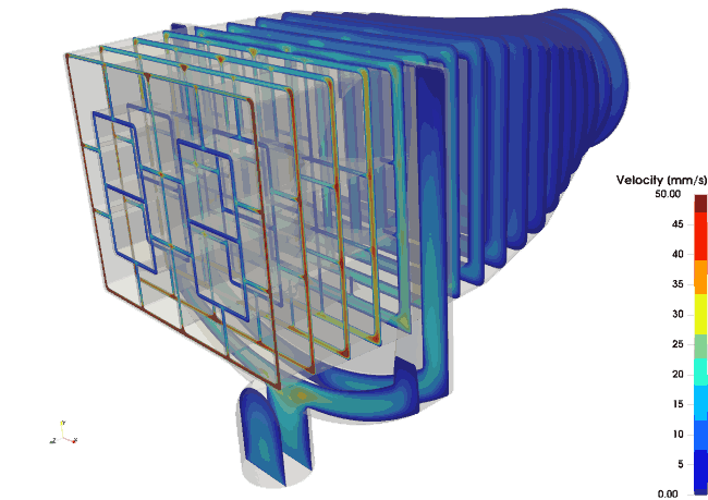3D-Strömungssimulation mit Geschwindigkeitsverteilung in einem Extrusions- oder Blasformwerkzeug
